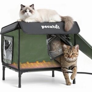 Heated Outdoor Cat House with Heating Pad Weatherproof Insulated Winter Shelter